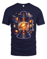 Cosmic Lantern Galaxy Planet Glow Graphic T-Shirt - navy t-shirt on white background