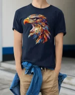 Majestic Eagle Burst Art Graphic T-Shirt for Men - model wearing navy tee with hands in pockets
