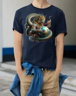 Mythic Serpent God Earth Guardian Fantasy Art T-Shirt - model wearing navy tee with hands in pockets