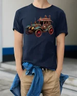 Steampunk Vintage Car Retro Fantasy Machine T-Shirt - model wearing navy tee with hands in pockets
