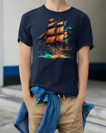Fiery Pirate Ship Ocean Adventure Fantasy Graphic Tee - model wearing navy tee with hands in pockets