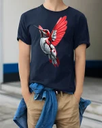 Cyber Hummingbird Futuristic Mech Bird Graphic T-Shirt - model wearing navy tee with hands in pockets