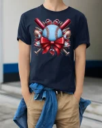 Baseball Gift Bow Holiday Sports Fan Graphic T-Shirt - model wearing navy tee with hands in pockets