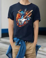 Fire Guitar Pistols Rock Flame Power Graphic T-Shirt - model wearing navy tee with hands in pockets