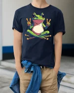 Peace Frog Sitting Zen Funny Colorful Graphic T-Shirt - model wearing navy tee with hands in pockets