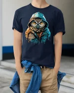 Hooded Owl Street Style Urban Art Graphic T-Shirt - model wearing navy tee with hands in pockets
