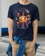 Cosmic Lantern Galaxy Planet Glow Graphic T-Shirt - model wearing navy tee with hands in pockets