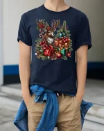 Festive Reindeer Christmas Gifts Holiday Graphic T-Shirt - model wearing navy tee with hands in pockets
