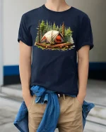 Forest Camping Tent Adventure Outdoor Graphic T-Shirt - model wearing navy tee with hands in pockets