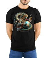 Mythic Serpent God Earth Guardian Fantasy Art T-Shirt - model wearing black tee with hands behind back