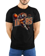 Tiger Basketball Dunk Mascot Action Sports Graphic T-Shirt - model wearing black tee with hands behind back