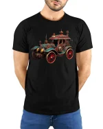 Steampunk Vintage Car Retro Fantasy Machine T-Shirt - model wearing black tee with hands behind back