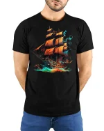 Fiery Pirate Ship Ocean Adventure Fantasy Graphic Tee - model wearing black tee with hands behind back