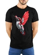 Cyber Hummingbird Futuristic Mech Bird Graphic T-Shirt - model wearing black tee with hands behind back