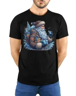 Vintage Winter Santa Gifts Frosty Christmas Graphic Tee - model wearing black tee with hands behind back
