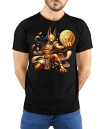 Golden Anubis Warrior Art Graphic T-Shirt for Men - model wearing black tee with hands behind back