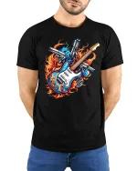 Fire Guitar Pistols Rock Flame Power Graphic T-Shirt - model wearing black tee with hands behind back