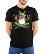 Peace Frog Sitting Zen Funny Colorful Graphic T-Shirt - model wearing black tee with hands behind back