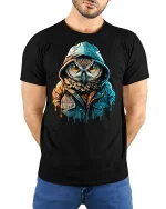 Hooded Owl Street Style Urban Art Graphic T-Shirt - model wearing black tee with hands behind back