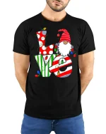 Christmas Love Gnome Cute Holiday Lights Graphic T-Shirt - model wearing black tee with hands behind back