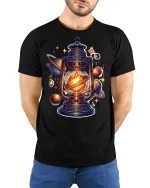 Cosmic Lantern Galaxy Planet Glow Graphic T-Shirt - model wearing black tee with hands behind back