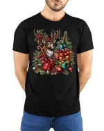Festive Reindeer Christmas Gifts Holiday Graphic T-Shirt - model wearing black tee with hands behind back
