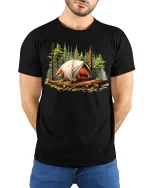 Forest Camping Tent Adventure Outdoor Graphic T-Shirt - model wearing black tee with hands behind back