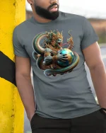 Mythic Serpent God Earth Guardian Fantasy Art T-Shirt - model wearing grey tee, leaning on column