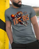 Tiger Basketball Dunk Mascot Action Sports Graphic T-Shirt - model wearing grey tee, leaning on column