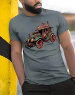 Steampunk Vintage Car Retro Fantasy Machine T-Shirt - model wearing grey tee, leaning on column