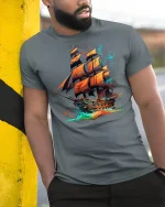 Fiery Pirate Ship Ocean Adventure Fantasy Graphic Tee - model wearing grey tee, leaning on column