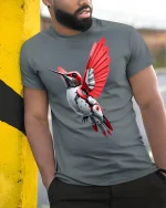 Cyber Hummingbird Futuristic Mech Bird Graphic T-Shirt - model wearing grey tee, leaning on column