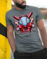 Baseball Gift Bow Holiday Sports Fan Graphic T-Shirt - model wearing grey tee, leaning on column