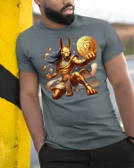 Golden Anubis Warrior Art Graphic T-Shirt for Men - model wearing grey tee, leaning on column