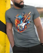 Fire Guitar Pistols Rock Flame Power Graphic T-Shirt - model wearing grey tee, leaning on column