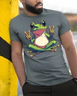 Peace Frog Sitting Zen Funny Colorful Graphic T-Shirt - model wearing grey tee, leaning on column