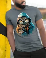 Hooded Owl Street Style Urban Art Graphic T-Shirt - model wearing grey tee, leaning on column