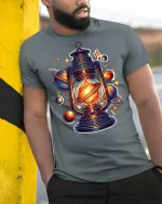 Cosmic Lantern Galaxy Planet Glow Graphic T-Shirt - model wearing grey tee, leaning on column