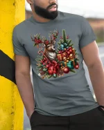Festive Reindeer Christmas Gifts Holiday Graphic T-Shirt - model wearing grey tee, leaning on column