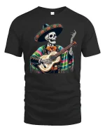 Mexican Skeleton Guitarist Art Tee for Day of the Dead Fans - black t-shirt on white background