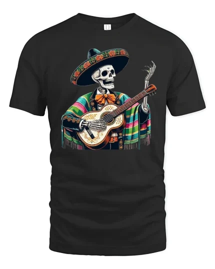 Mexican Skeleton Guitarist Art Tee for Day of the Dead Fans - black t-shirt on white background