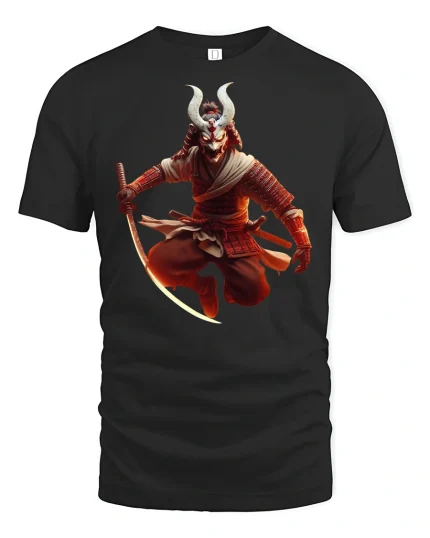 Epic Samurai Demon Warrior Battle Stance Graphic Tee Shirt - black t-shirt on white background
