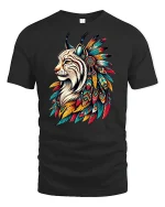 Majestic Tribal Lynx Spirit Feather Art Graphic T-Shirt Tee - black t-shirt on white background