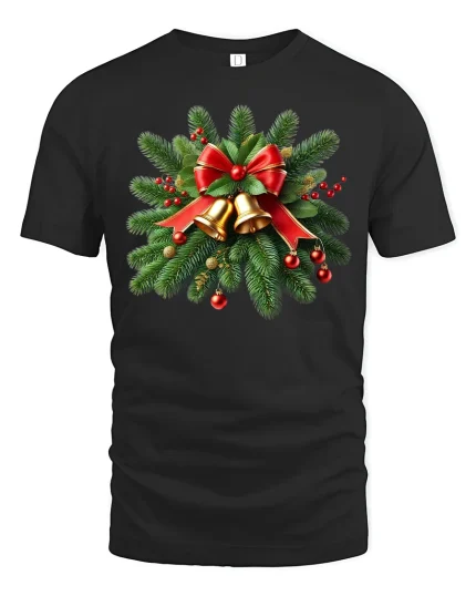 Festive Bells and Holiday Pine Branch Christmas Decor Tee - black t-shirt on white background