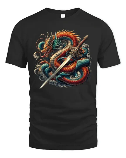 Epic Dragon Warrior Sword Battle Art Graphic T-Shirt Tee - black t-shirt on white background