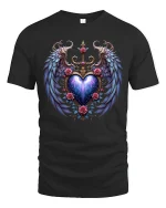 Celestial Heart Wings Tee with Roses and Cosmic Glow Art - black t-shirt on white background