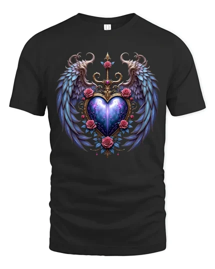 Celestial Heart Wings Tee with Roses and Cosmic Glow Art - black t-shirt on white background