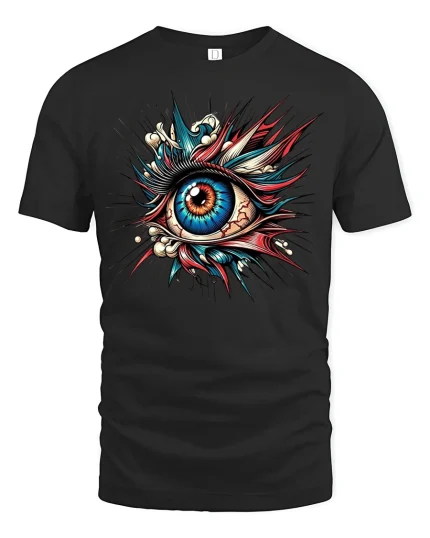 Exploding Vision Art Tee - Colorful Surreal Eye Graphic Tshirt - black t-shirt on white background