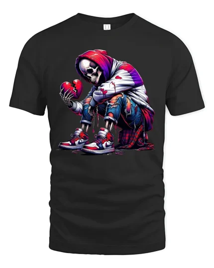 Heartbroken Skeleton Streetwear Tee for Urban Style Lovers - black t-shirt on white background