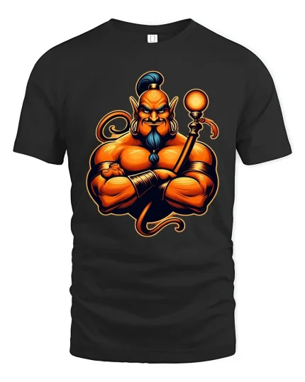 Powerful Muscular Genie Character Bold Fantasy Graphic T-Shirt - black t-shirt on white background